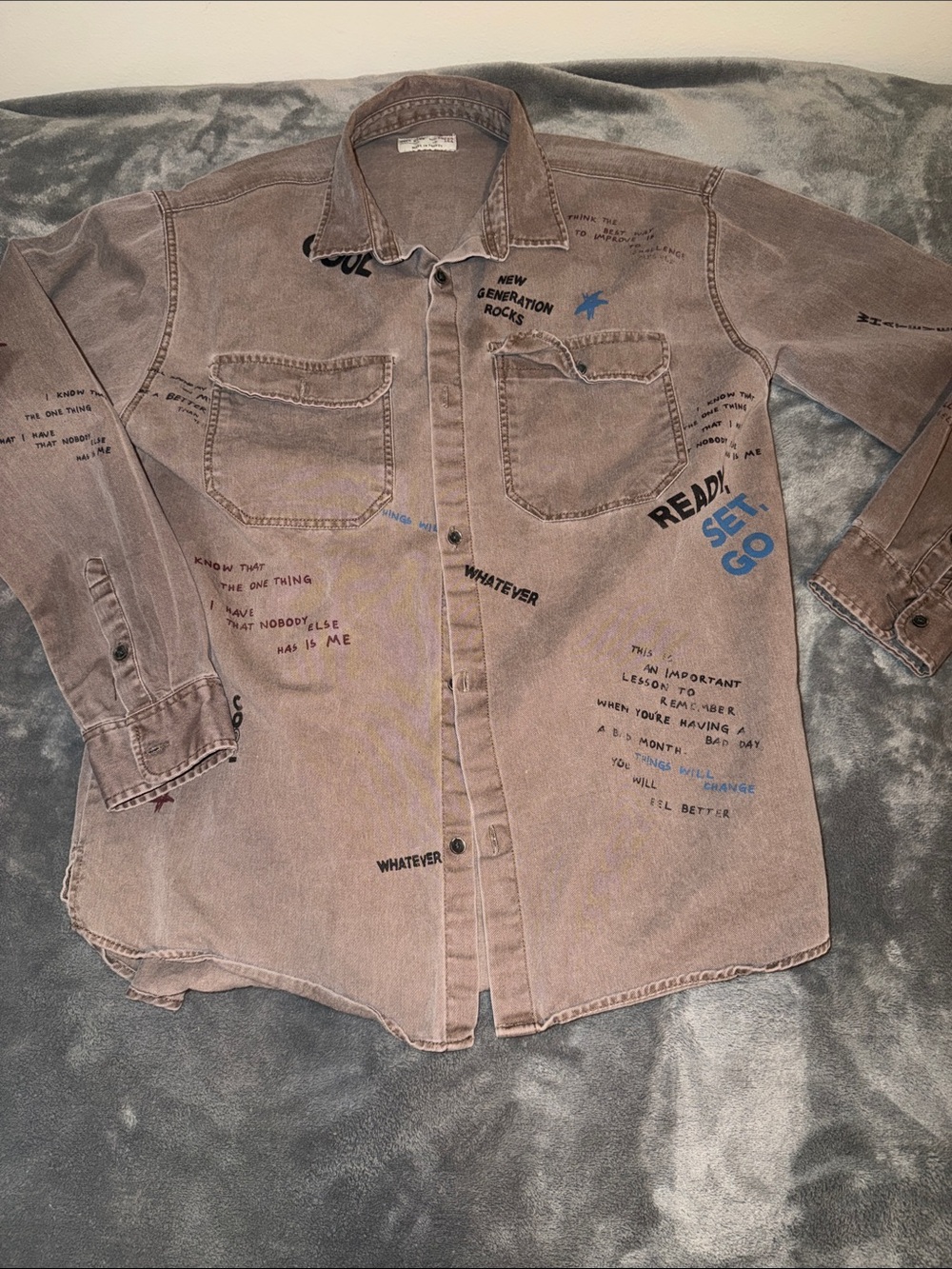 Zara Taupe Button-Down Shirt with Blue Graphic Accents
